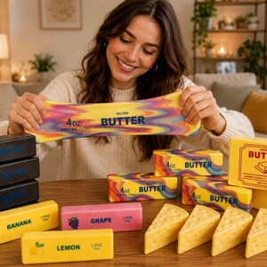 Peut inclure: Une collection d'objets en forme de nourriture, rectangulaires et triangulaires, incluant des bâtonnets de beurre noirs, des barres jaunes banane et citron, une barre rose raisin et des bâtonnets de beurre multicolores de 113g et 50g.