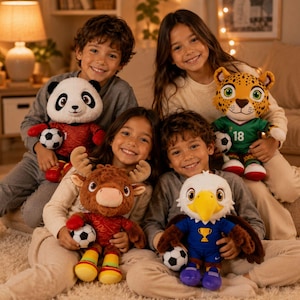 Könnte beinhalten: Fünf lächelnde Kinder halten Plüschtiere. Die Spielzeuge sind ein Panda, ein Jaguar, ein Elch und ein Adler, die alle eine Fußballuniform tragen und einen Fußball halten. Die Spielzeuge sind rot, grün, braun und blau.