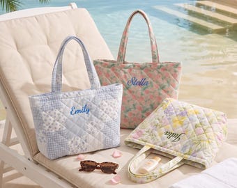 Embroidered Beach Bag,Personalized Flower Tote Bag,Monogram Shoulder Bag,Bridesmaid Tote Bag, Travel Shoulder Bag, Bridesmaid Bag For Gift