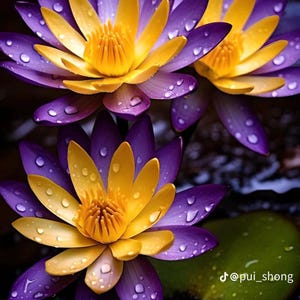 Peut inclure: Gros plan sur trois nénuphars vibrants avec des pétales violets et des centres jaunes, ornés de gouttelettes d'eau. Les fleurs flottent sur de l'eau sombre, avec des feuilles de nénuphar vertes visibles.