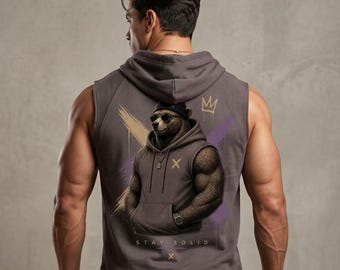 Sudadera con capucha Stay Solid Bear – Sudadera sin mangas con estampado gráfico de estilo urbano de lujo