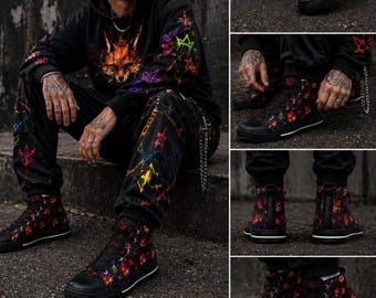 Graffiti Fox Sneakers | Neon Streetwear High Tops | Bold Artistic Shoes | Unique Gift for Him | Custom Urban Kicks