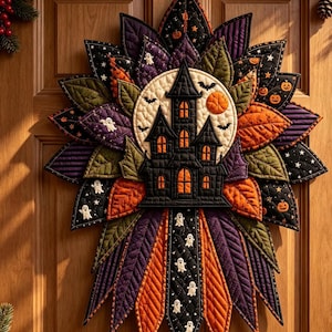 May include: A quilted fabric wall hanging featuring a central haunted house silhouette against a full moon, surrounded by layered, pointed leaf-shaped fabric petals in black, purple, and orange, decorated with ghost, pumpkin, and star patterns.
