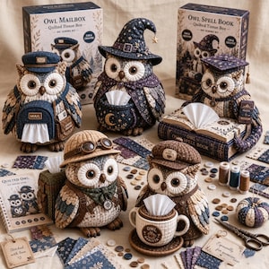 May include: A collection of quilted owl-shaped tissue box sewing kits, including an owl mail carrier, a wizard owl, a scholar owl with a spell book, an explorer owl, and a barista owl with a coffee cup, accompanied by fabric scraps, thread, and scissors.