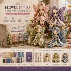 Peut inclure: Un kit de bricolage de fées en patchwork Flower Fairies comprenant quatre poupées en tissu rose, violet, vert et bleu. Le kit contient des tissus prédécoupés, des fils, du rembourrage, des accessoires et un guide d'instructions étape par étape.