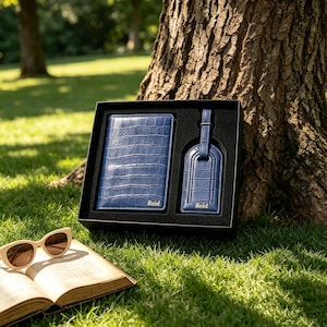 May include: A navy blue passport holder and luggage tag set with a crocodile-embossed texture, both featuring the name Reid in gold lettering, presented in a black gift box alongside a pair of cream-colored sunglasses and an open book.