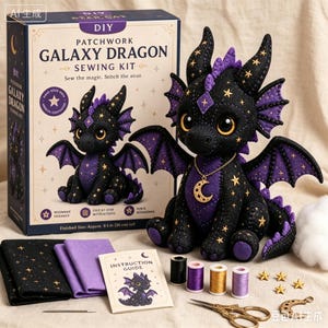 Könnte beinhalten: Ein DIY-Patchwork-Galaxie-Drachen-Nähset mit einem schwarz-violetten Plüschdrachen mit goldenen Sternenmustern, einem Mondsichel-Anhänger, Stoffstücken, Garnrollen, einer Schere, einer Nadel und einer beiliegenden Anleitung in einer Box.