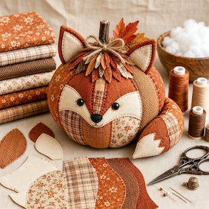 May include: A fabric pumpkin crafted to resemble a fox, featuring patchwork panels in shades of orange, brown, and cream. The pumpkin has stitched ears, a black nose, bead eyes, and a fabric tail, topped with a stem and decorative fabric leaves.
