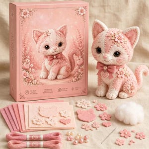 Puede incluir: Un kit de manualidades con un peluche de gato de fieltro rosa, una caja ilustrada a juego, formas de fieltro precortadas, hilo de bordar rosa, una aguja, cuentas pequeñas y relleno blanco. El gato tiene ojos grandes y oscuros y un lazo.