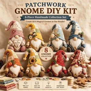 Kabouter patchwork doe-het-zelfpakket, schattige stoffen kabouter naaiset, handgemaakt quiltproject, speels woondecoratiecadeau voor knutselaars