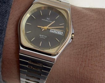 1980's Hamilton Swiss Quartz Two Tone Day Date Tonneau Watch