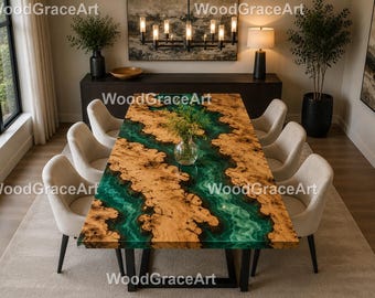 Luxury Emerald Green Epoxy River Dining Table, Live Edge Wood Resin Rectangle Dining Table, Luxury Green River Resin Dining Table,
