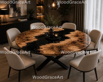 Luxury Black Epoxy River Round Dining Table Live Edge Wood Resin Table, Black River Epoxy Round Handmade Black Epoxy Round Dining Table
