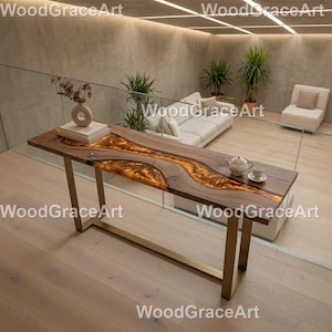 Gold Epoxy River-tafel – Live Edge hout Luxe River-consoletafel Golden Epoxy River-tafel – Live Edge-hout Live Edge-houten tafel
