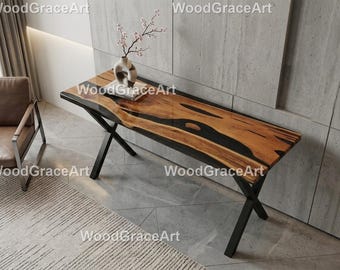 Live Edge Console Table with Black Epoxy River  Handmade Epoxy River Console Table  Black Resin Wood Console Table  Luxury Resin River Table