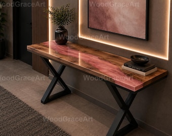 Luxury Pink Epoxy River Console Table Blush Pink Resin River Console Table Modern Pink Epoxy Console Table, Luxury Live Edge Console Table