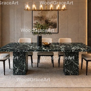 Mesa de comedor de mármol verde, mesa rectangular moderna de lujo, mesa de comedor de piedra verde oscuro, mesa de mármol de lujo, mesa de piedra con vetas verdes