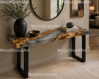 Modern Gray Resin River Console Table Gray Epoxy River Console Table – Handmade Live Edge Wood Table, Handmade Gray Epoxy Console Table