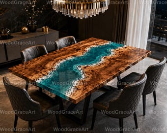 Mesa de comedor Ocean River – Mesa de resina epoxi con borde natural, mesa de madera costera hecha a mano, muebles de comedor de lujo Mesa de resina azul River –