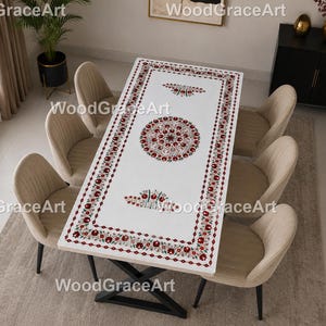 White Marble Inlay Dining Table  Rectangular White Marble Inlay Table  Luxury White Marble Dining Table Handmade Marble Inlay Dining Table –
