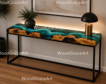 Ocean Blue Resin Console Table – Handmade Live Edge Wood Table  Teal Epoxy River Console Table Live Edge Resin – Blue Wood  console Table