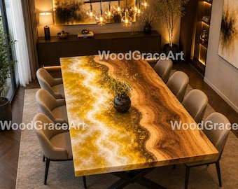 Yellow Resin River Dining Table, Live Edge Epoxy Table, Yellow River Table, Live Edge Luxury Yellow Epoxy Dining Table epoxy dining table
