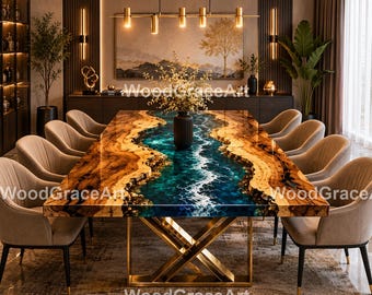 Luxury Blue Epoxy River Dining Table – Live Edge Wood Resin Rectangle Table, Luxury Resin River Dining Table –Modern Live Edge Dining Table