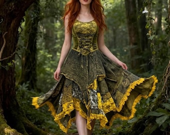 Vestido Boho Hada del Bosque – Vestido Cottagecore de encaje patchwork para mujer, vestido asimétrico estilo hada renacentista, ropa bohemia para mujer RB22