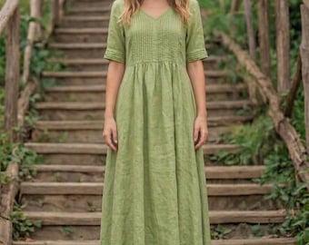 Vestido largo bohemio verde salvia, vestido bohemio con escote en V y pliegues, vestido vaporoso de estilo hada, atuendo rústico para invitada de boda en el bosque - RB17