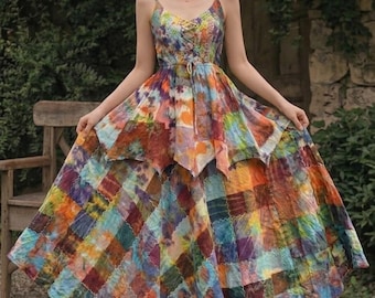 Vestido largo de retazos coloridos, vestido corsé bohemio, vestido veraniego con dobladillo asimétrico y toque de fantasía, atuendo hippie chic para picnic, estilo cottagecore veraniego - RB10