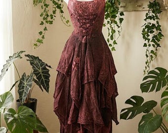 Vestido largo bohemio de encaje granate, vestido estilo cuento de hadas, vestido gótico bordado para invitada de boda, vestido de verano de inspiración vintage RB20