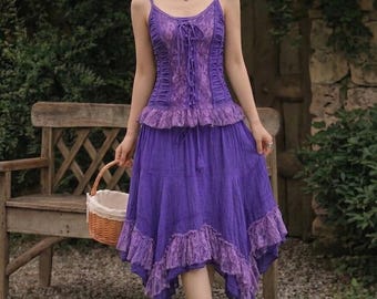 Conjunto bohemio morado de dos piezas, top corsé Fairy Core y falda asimétrica con volantes, ropa estilo cottagecore gótico - RB12