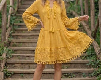 Minivestido bohemio amarillo bordado, túnica con mangas de borlas y volantes, conjunto veraniego estilo gitano, ropa de festival boho chic para mujer - RB06