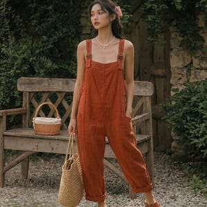 Burnt Orange Jumpsuit, Boho Summer Overalls, Sleeveless Wide Leg Romper, Casual Garden Outfit, Terracotta One Piece - RB05