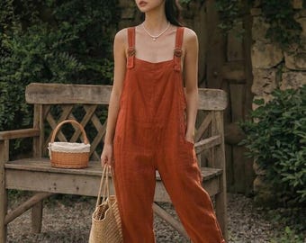 Burnt Orange Jumpsuit, Boho Summer Overalls, Sleeveless Wide Leg Romper, Casual Garden Outfit, Terracotta One Piece - RB05