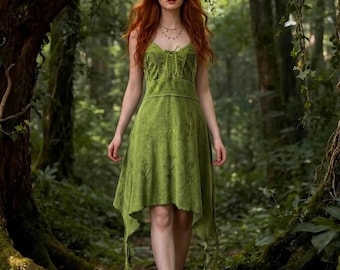 Vestido verde estilo boho Fairycore, vestido asimétrico estilo cottagecore, vestido bordado inspirado en la naturaleza, atuendo para festivales Pixie, talla única S-XL RB25
