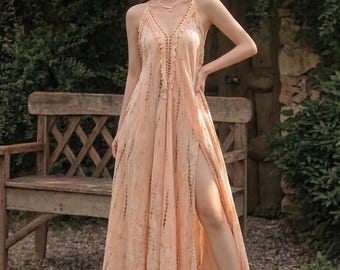 Vestido largo estilo boho tie-dye, vestido veraniego color melocotón y albaricoque con abertura alta, atuendo hippie chic para festivales, vestido con estética Fairy Core - RB04