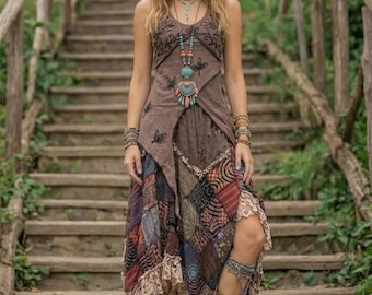 Boho Patchwork Maxi Dress, Fairy Core Asymmetric Hippie Skirt, Earthy Festival Outfit, Whimsical Layered Gipsy Dress, Boho Clothing - RB04