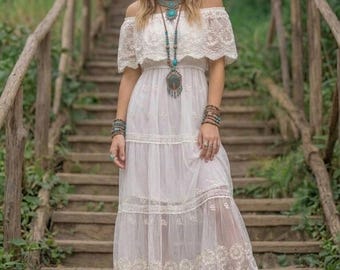 Vestido de novia bohemio con hombros descubiertos, vestido largo blanco, vestido de novia romántico, vestido de verano bohemio para sesión de fotos - RB08