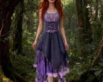 Vestido Cottagecore de encaje patchwork – Ropa bohemia para mujer, vestido asimétrico de hada del bosque, vestido corsé de bruja, estilo de ropa bohemia RB23
