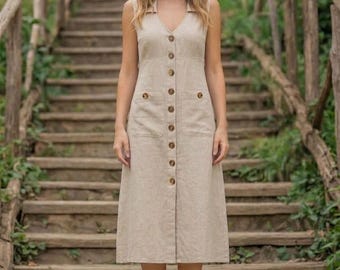Vestido midi beige abotonado con bolsillos, vestido de verano sin mangas con escote en V, vestido casual de estilo bohemio chic - RB19