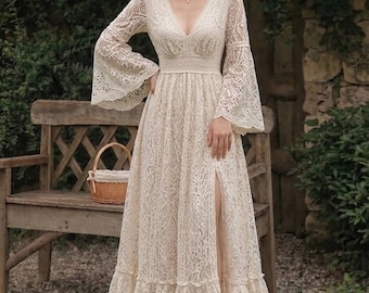 Boho Wedding Guest Dress, Long Sleeve Maxi with Slit, Cream Bell Sleeve Gown Romantic Cottagecore Dress, Elegant Evening Party Outfit - RB01