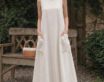 Vestido largo estilo cottagecore con bolsillos, vestido largo minimalista color crema sin mangas, elegante vestido de verano de corte A, atuendo bohemio discreto para el jardín - RB18