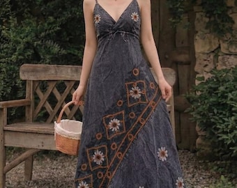 Vestido largo floral bordado, vestido veraniego estilo cottagecore vintage, vestido de verano boho margarita, atuendo estético para fiesta en el jardín, - RB07