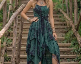 Vestido Boho Fairy Core verde bosque tie-dye maxi corsé con cordones vestido pixie hippie asimétrico festival bruy dow - RB02