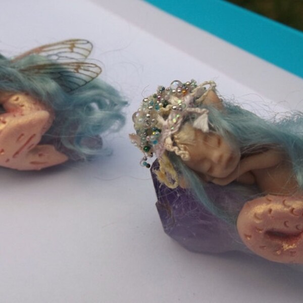 set of two sweet tan tiny minature ooak fairy fairies mermaids   just one inch on  amethyst crystals fairy love