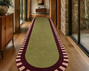 Alfombra de lana tejida a mano, alfombra moderna de mediados de siglo en color verde oliva para pasillo, alfombra ovalada larga única, alfombra tejida a mano a medida para entrada o pasillo.