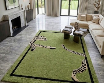 5×8ft Luxury Leopard Handmade Tufted Rug, Green Animal Print Area Rug, and black border Rug Modern Statement Carpet for Living Room Decor.