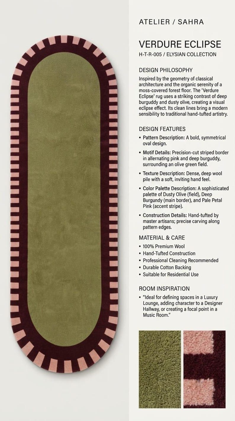 Puede incluir: Una alfombra ovalada con un campo central verde oliva s&oacute;lido rodeado por un borde burdeos oscuro con rayas alternas de color rosa p&aacute;lido y burdeos. El texto ATELIER / SAHRA, VERDURE ECLIPSE, H-T-R-005 / ELYSIAN COLLECTION y detalles est&aacute;n a la derecha.