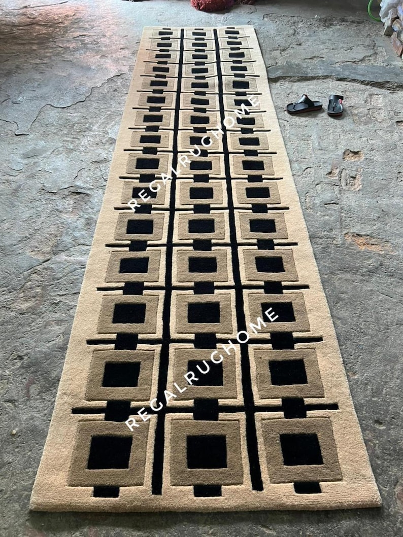 Luxury Geometric Hallway Runner Rug, Modern Beige Black Long Corridor Carpet, Minimalist Marble Floor Runner, Contemporary Home Decor Rug